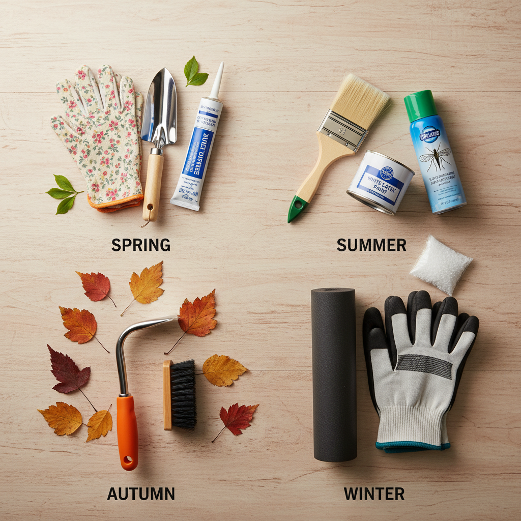 Visueel stappenplan voor onderhoud in huis en buiten met seizoensgebonden taken voor lente, zomer, herfst en winter